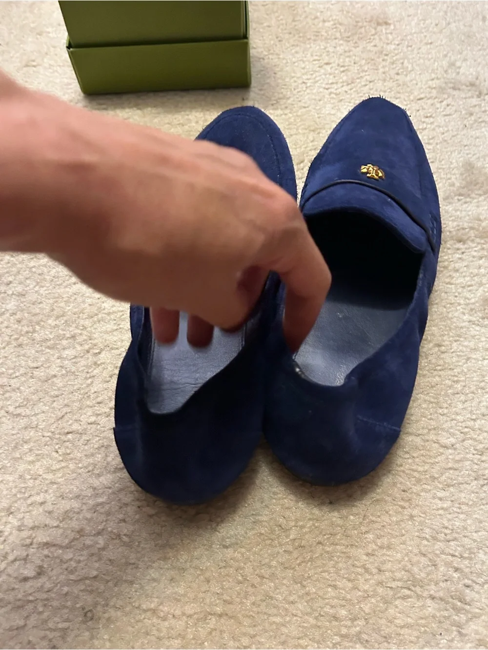 TORY BURCH suede logo loafers.